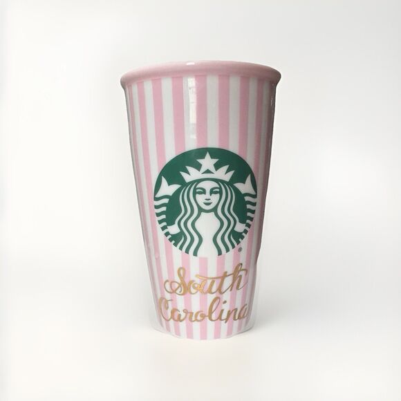 Starbucks Pink White Stripe Ceramic South Carolina Travel Mug12 oz 2016 RARE